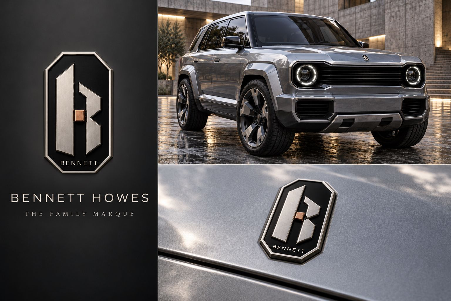 Monvarr, Connor Bennett Howes’s silver automotive concept, with a squared silhouette, circular headlights and a black grille in a concrete courtyard.
